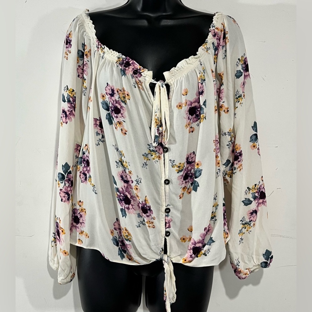 Rewind Floral Scrunch Shoulder Blouse Button Up Tie Front Size XXL